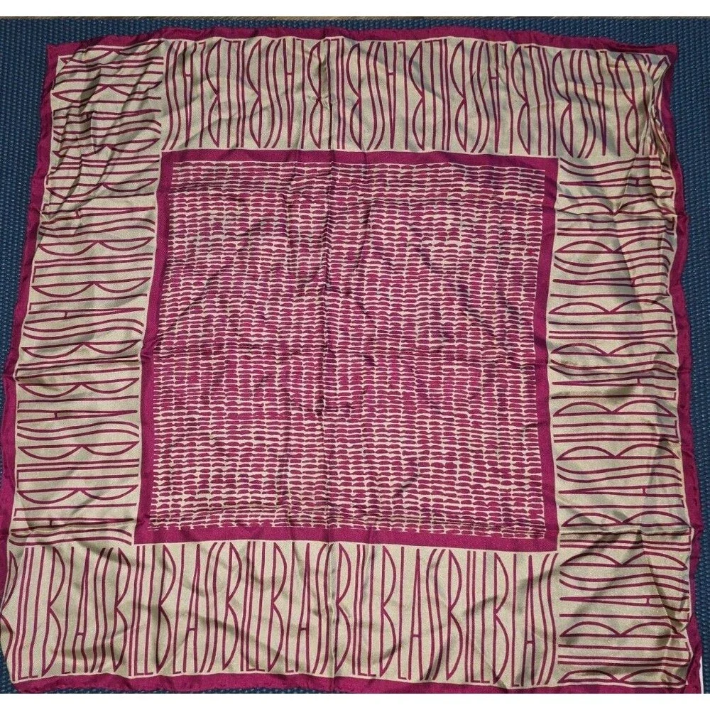 Vintage Bill Blass Burgundy Beige Logo Geometric Pattern Silk Square Scarf
